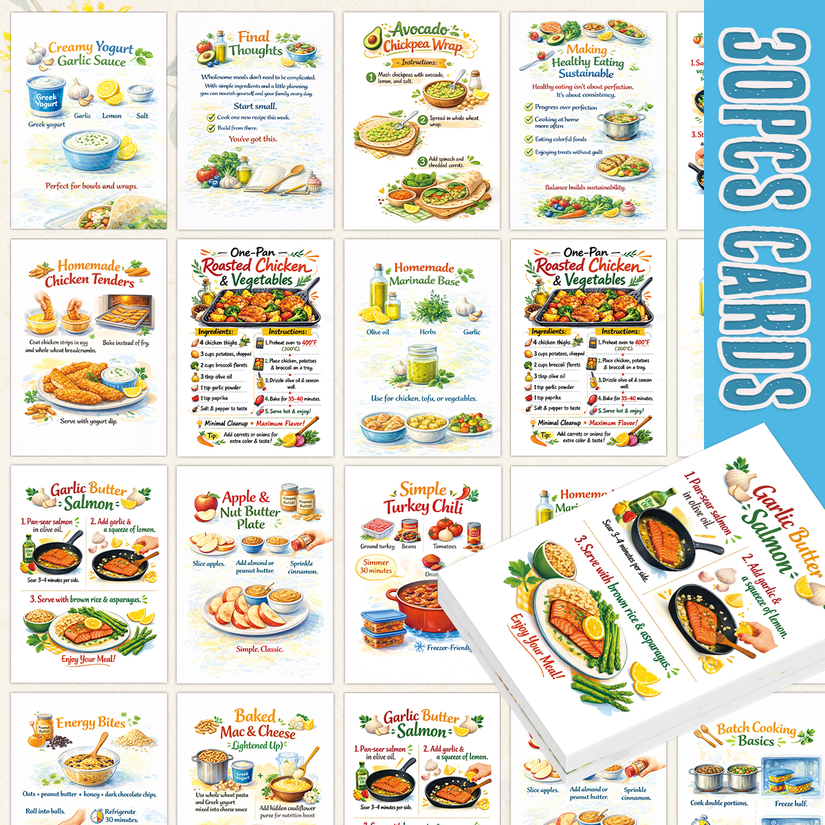 Meal Prep Recipes Healthy - 30 tarjetas de recetas de comidas
